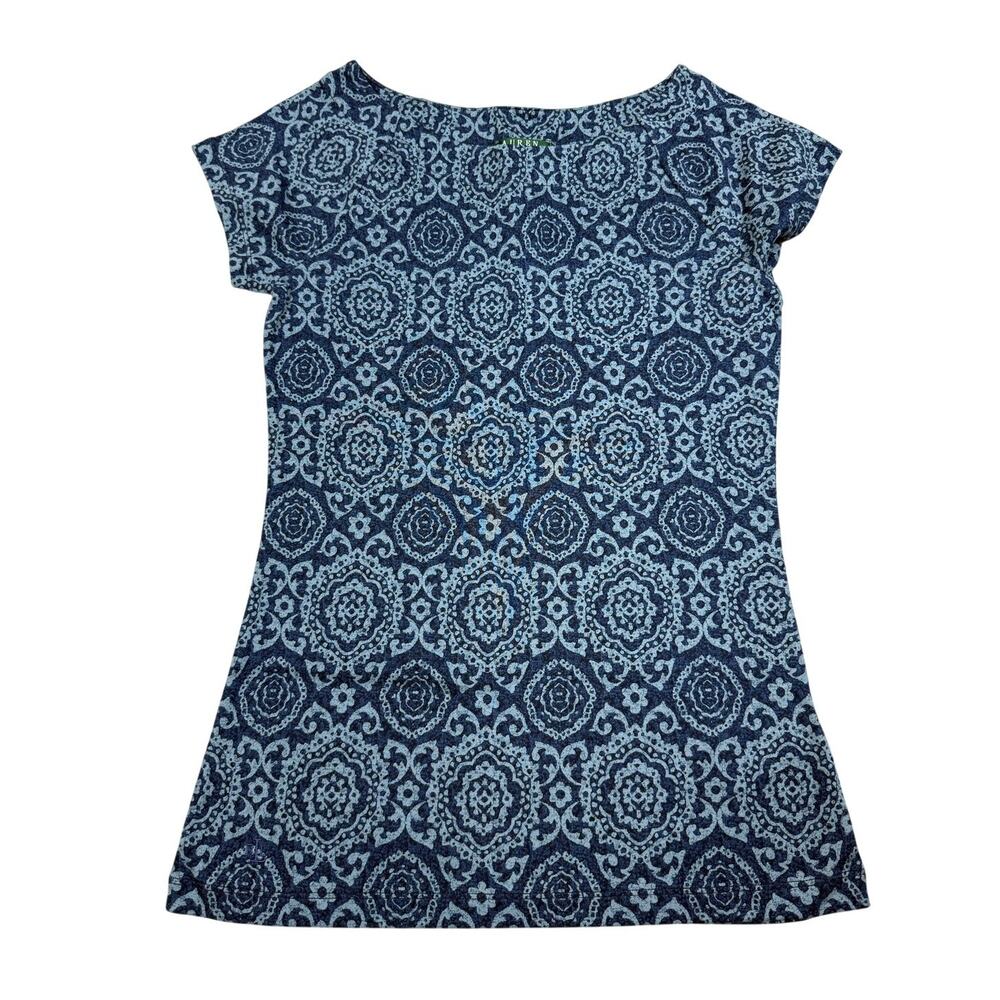 Lauren Ralph Lauren Womens Size M Boatneck Top Blue Medallion Print Shirt